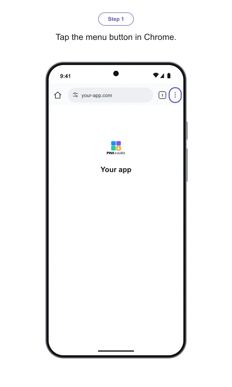 Chrome on Android: Open the menu in Chrome. Illustrated with the sample app branding.