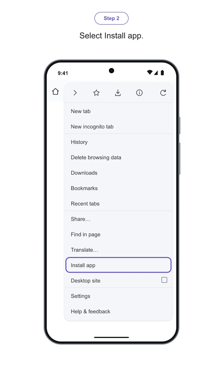 Chrome on Android: Select Install app. Illustrated with the sample app branding.