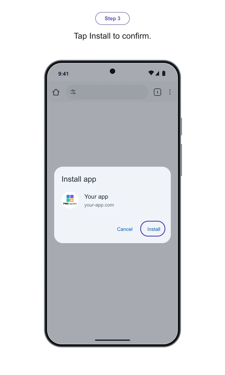 Chrome on Android: Confirm the installation. Illustrated with the sample app branding.