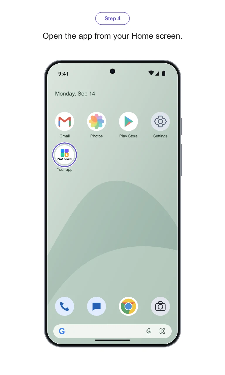 Chrome on Android: Open the app from your Home Screen. Illustrated with the sample app branding.