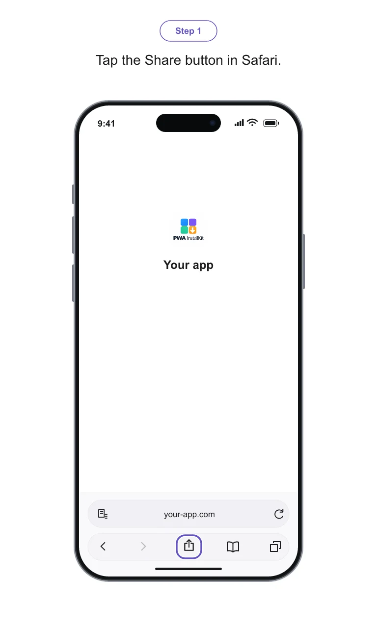 Safari on iPhone: Tap the Share button in Safari. Illustrated with the sample app branding.