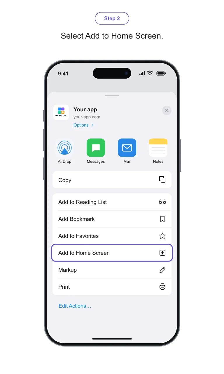 Safari on iPhone: Select Add to Home Screen. Illustrated with the sample app branding.
