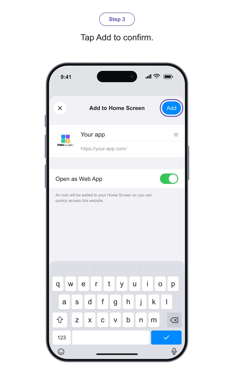 Safari on iPhone: Tap Add to confirm. Illustrated with the sample app branding.