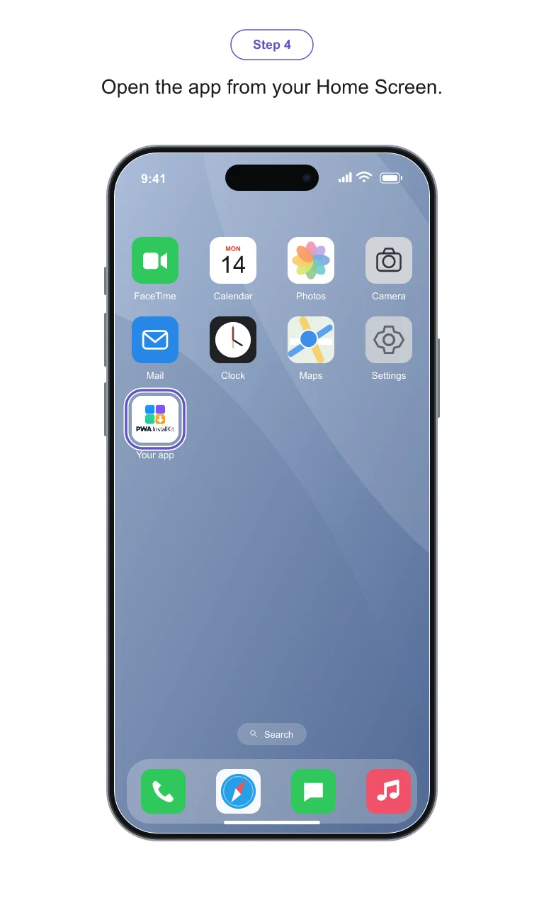 Safari on iPhone: Open the app from your Home Screen. Illustrated with the sample app branding.